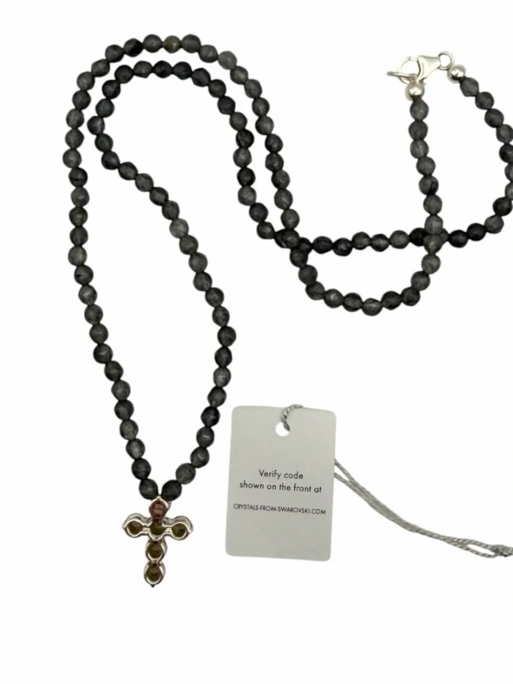 Vintage NOS 925 Sterling Silver Swarovski Crystal Cross Gray Beaded Necklace